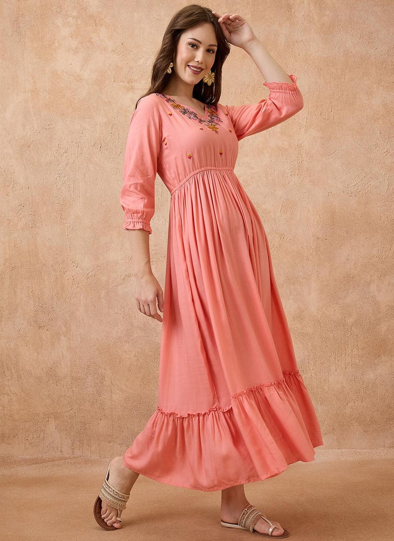 Globus Women V-Neck Floral Embroidered Yoke Fit And Flare Tiered Maxi Fusion Dress - Image 3